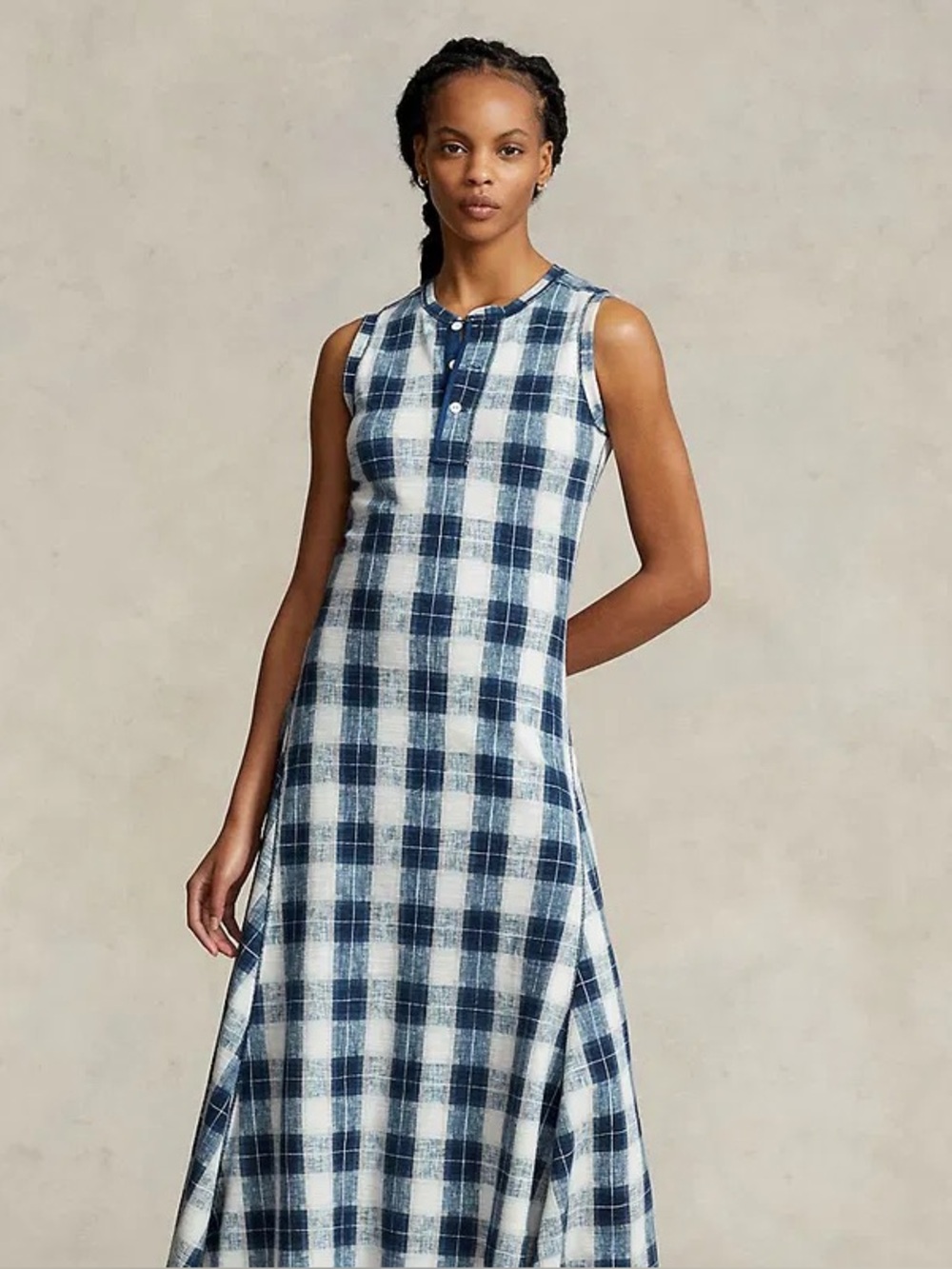 Polo by Ralph Lauren Waffle-Knit Plaid Sleeveless Maxi Dress Navy & White NEW